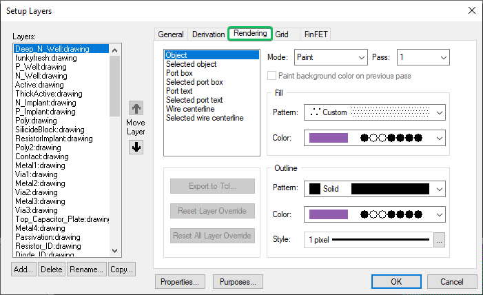 The Rendering Tab in the Setup Layers Dialog