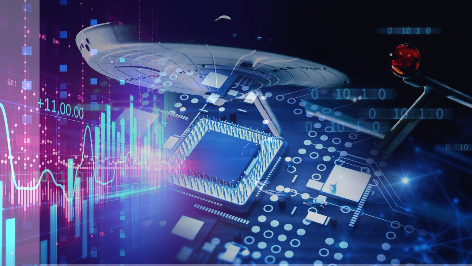 Abstract image blending a chip on PCB with charts and a Star Trek Enterprise!